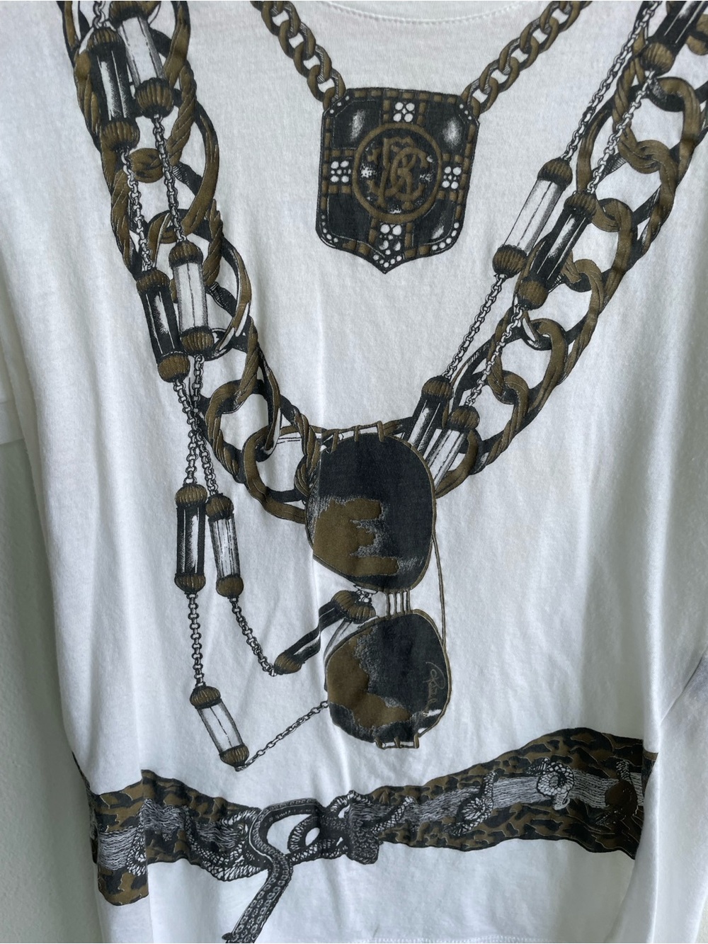 Roberto Cavalli White Tee with Gold and Black Chain-Print Necklace VINTAGE - Picture 3 of 8